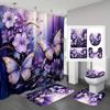 4Pcs Waterproof Purple Butterfly Floral Shower Curtain Ensemble with Non-slip Mat, Toilet Lid Cover  U-Shape Rug