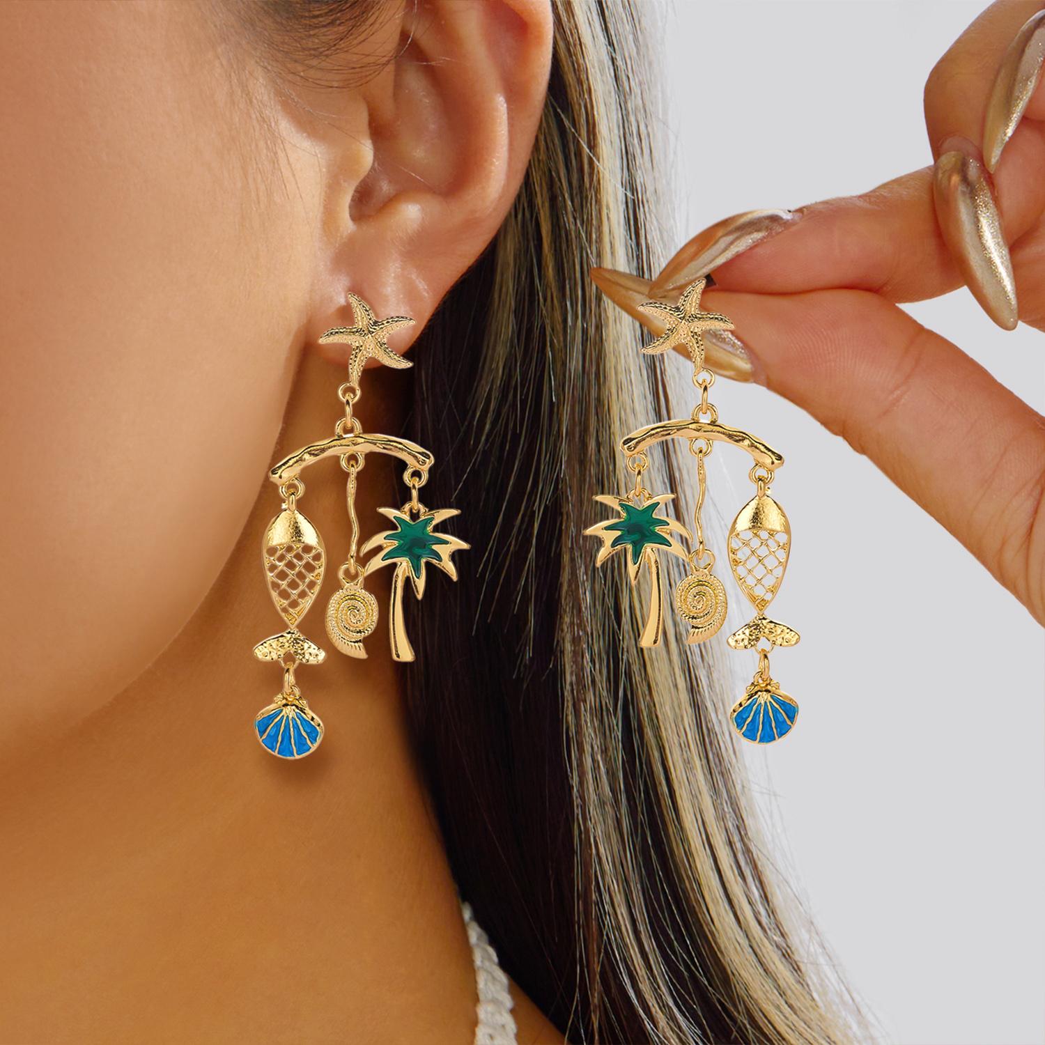 

New Design Starfish Conch Shell Fish Tassel Earrings for Women Fashion Metal Enamel Coconut Tree Drop Earrings Party Jewelry