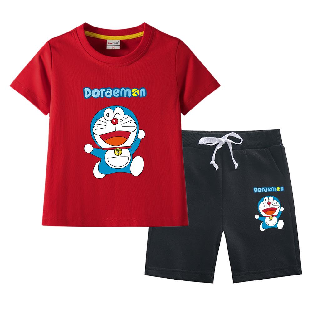 Doraemon Kids' Summer Set: Short-Sleeve T-shirt & Capris for Boys and Girls - Lightweight Casual Two-Piece.
