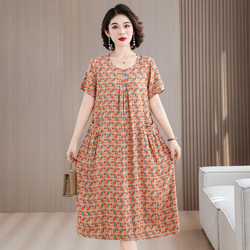 Women Plus Size Midi Dress Short Sleeve Floral Print Cotton Silk Loose Casual Mom Dress
