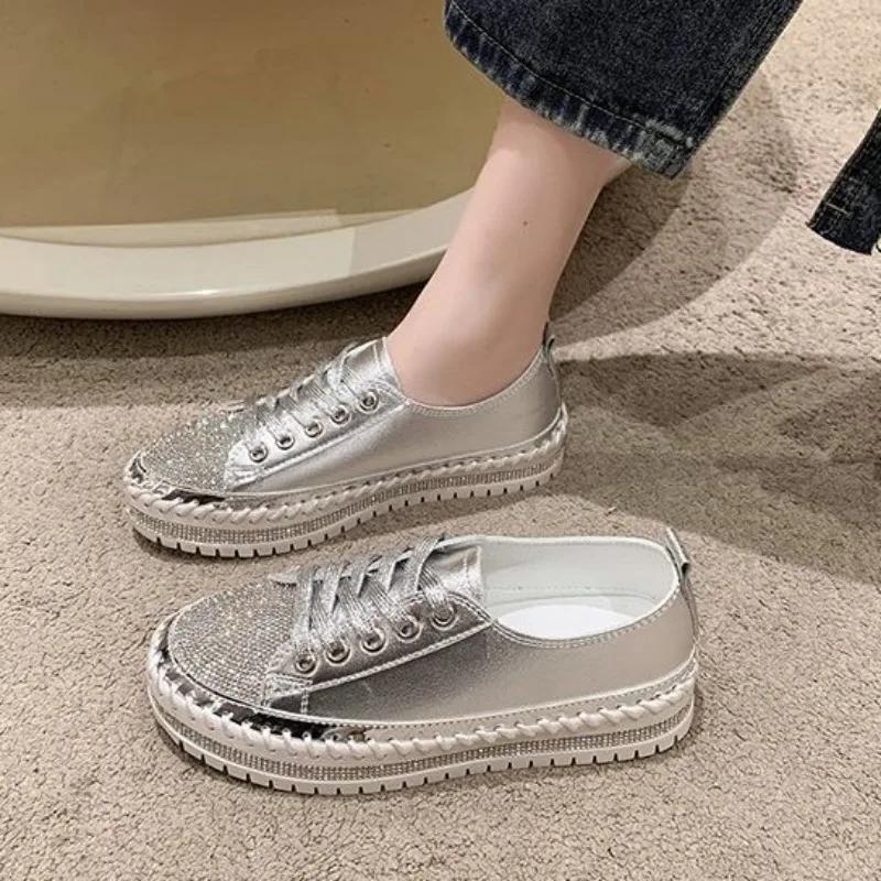 Fashion Low Loafers Whit With Crystals Rhinestone Ladies Shoes Lace Up Diamond Women Footwear High On Platform Urban High Quality Price