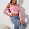 Mesh Suspender Top, European and American Sexy Off-the-shoulder Backless Pleated Splicing Hollow Long-sleeved Fishbone Top