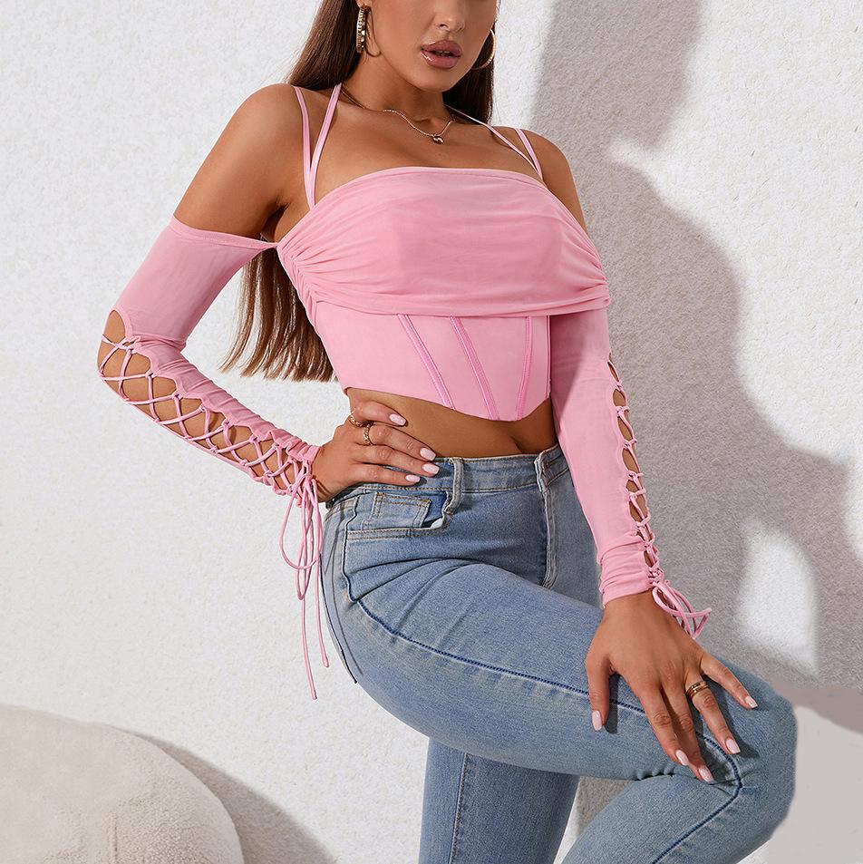 Mesh Suspender Top, European and American Sexy Off-the-shoulder Backless Pleated Splicing Hollow Long-sleeved Fishbone Top