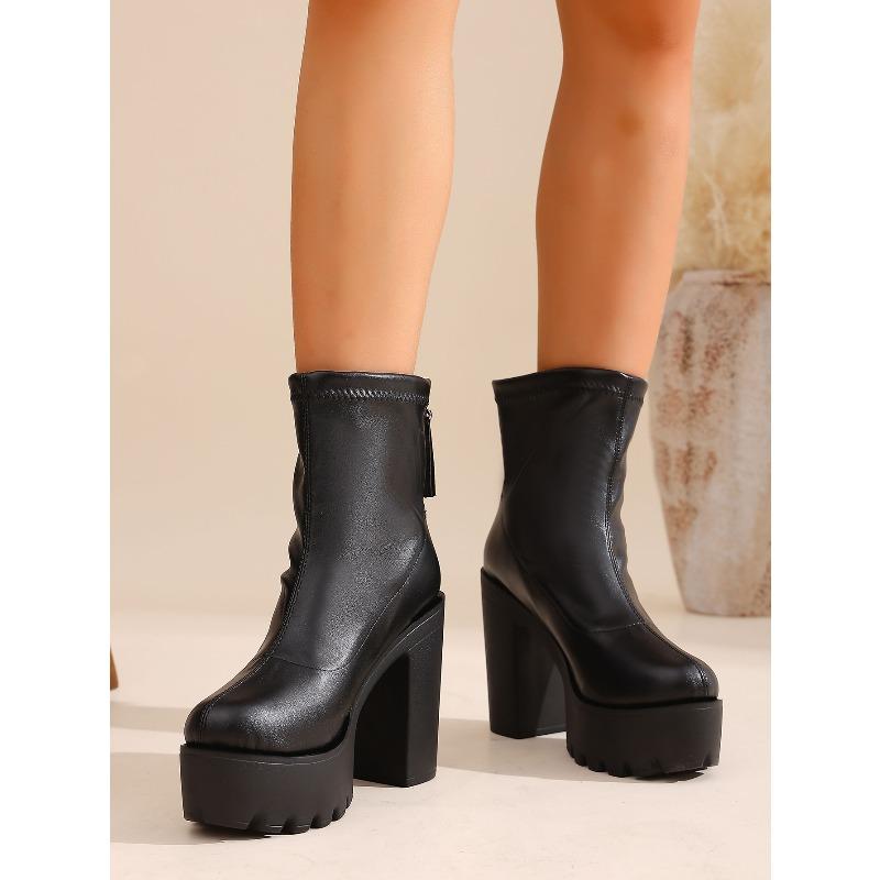 Women's Autumn-Winter Chunky-Heel Back-Zip Short Boots, Fashionable Footwear.