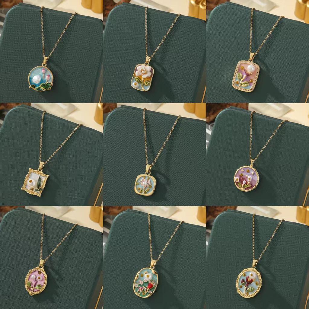 Monet-Inspired Flower Pendant Necklace, Hand-Painted, High-End Stainless Steel Clavicle Chain, New Chinese Style