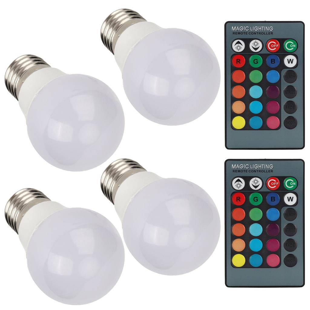 4pcs E27 RGB LED Light Bulbs Colorful Decorating Lamp with 2 Remote Controls 3W AC85‑265V