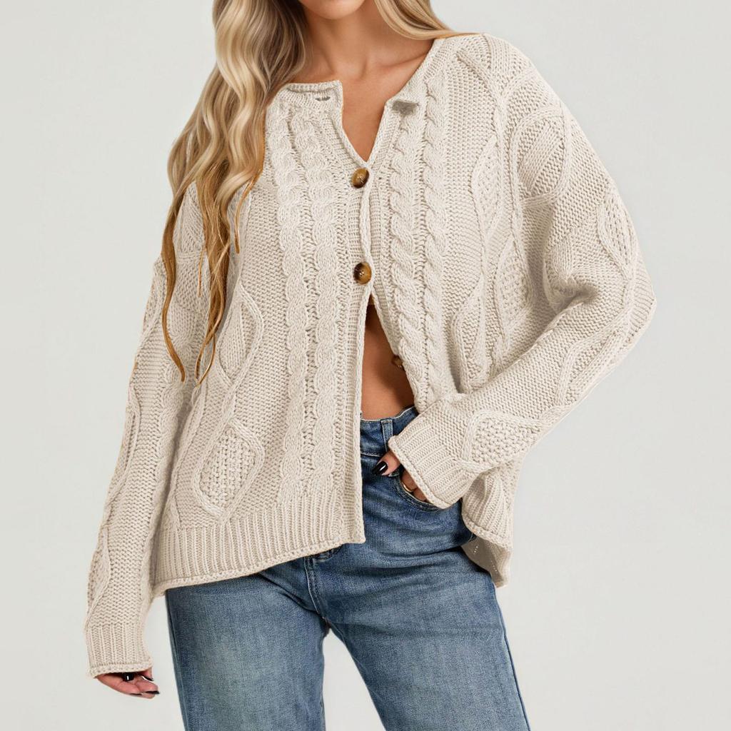 Damen Langarm Zopfmuster Strickjacke Farbe Lässiger Pullover Top