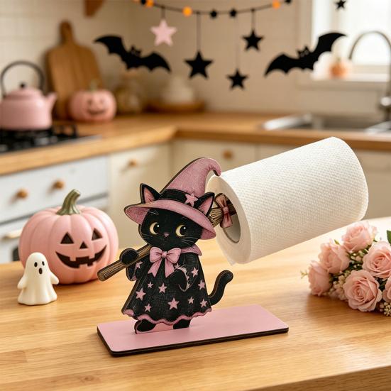 Kreativer Küchenarbeitsplatten-Ständer Halloween Schwarze Katze/Geist Rollenpapierhalter, Vertikaler Holz-Handtuchständer, Funktionale Feiertagshaus-Akzente