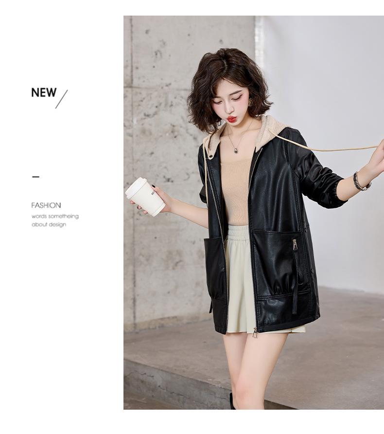 2024 Autumn Women's Fashion Detachable Hooded Knitted Leather Jacket WA8602