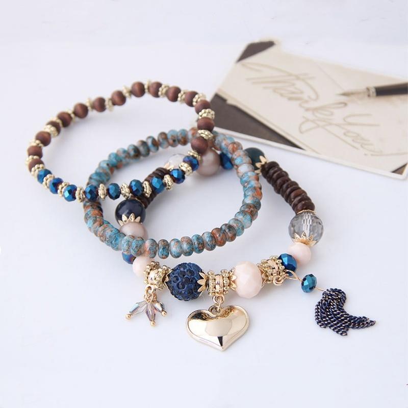 Boho Perlenarmreifen für Damen Herz Kristall Armband Mehrlagiger Quastenanhänger Armband Schmuck