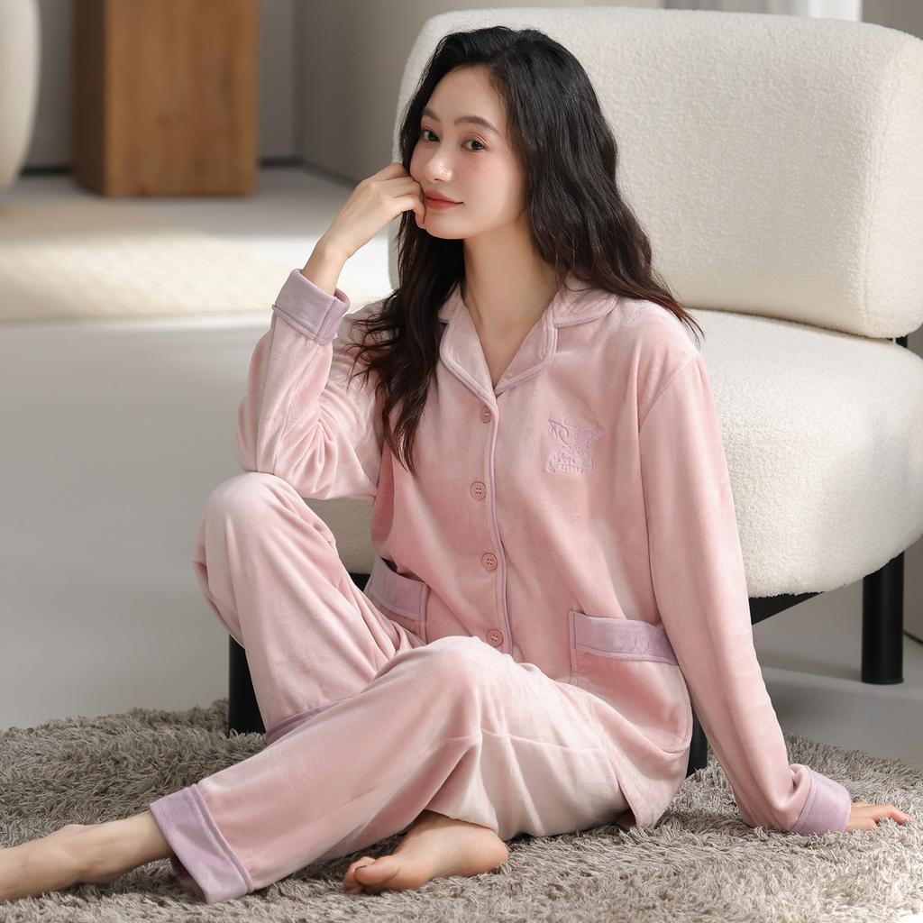Women 2‑Pieces Pajama Set Long Sleeve Top & Pants Soft Warm Sleepwear Casual Home Loungewear Autumn Winter Nightwear For Ladies