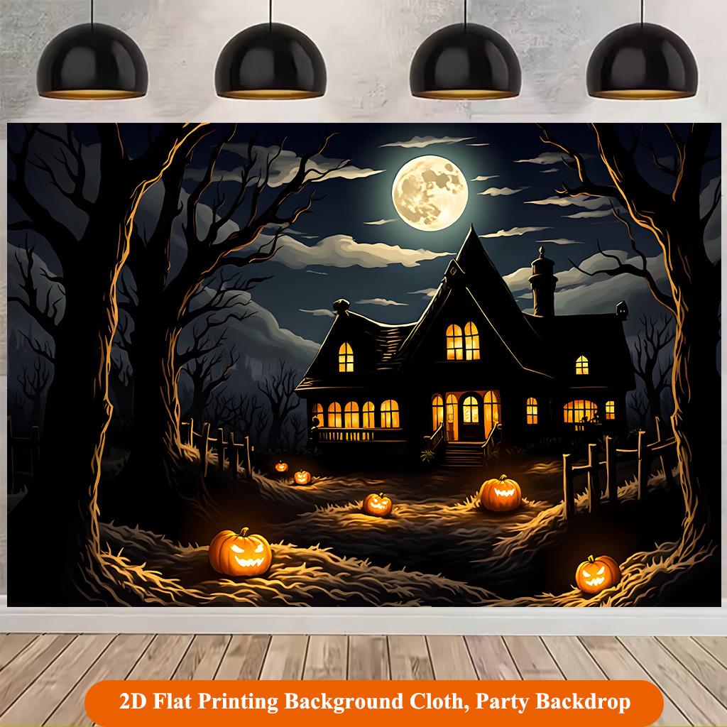 2D Flat Background Cloth 1 Piece, Pumpkin Lantern Illuminating the Dark Forest Background Cloth