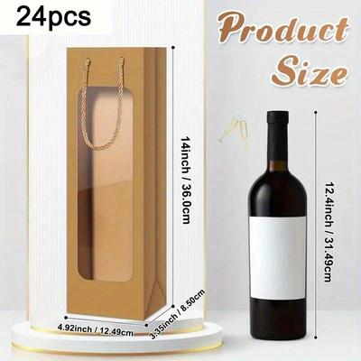 24Pcs Kraft Paper Wine Bottle Bags with Handles and Clear Window Plain Wine Gift Wrap Sets for Parties and Retail