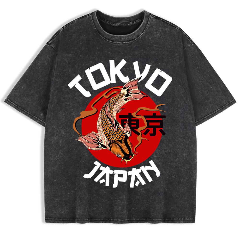 Tokyo Japan Koi Fish Printing Washed T-Shirts Mens Cotton Oversized T Shirt Summer Short Sleeve Tops O-Neck Men Clothes