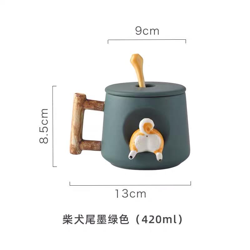 

420ml Shiba Inu Pattern Ceramic Coffee Mug Cute 3D Design with Lid Spoon Cartoon Milk Tea Cup for Girls Creative Breakfast Gift 420ml