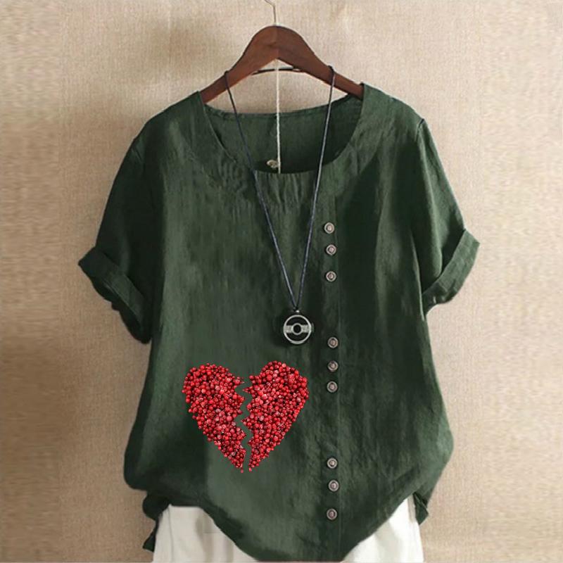 Women's Fashion Red Love Prined Short Sleeve T-shirt Loose Cotton Shirt Casual Loose Summer Blouse Tops Plus Size
