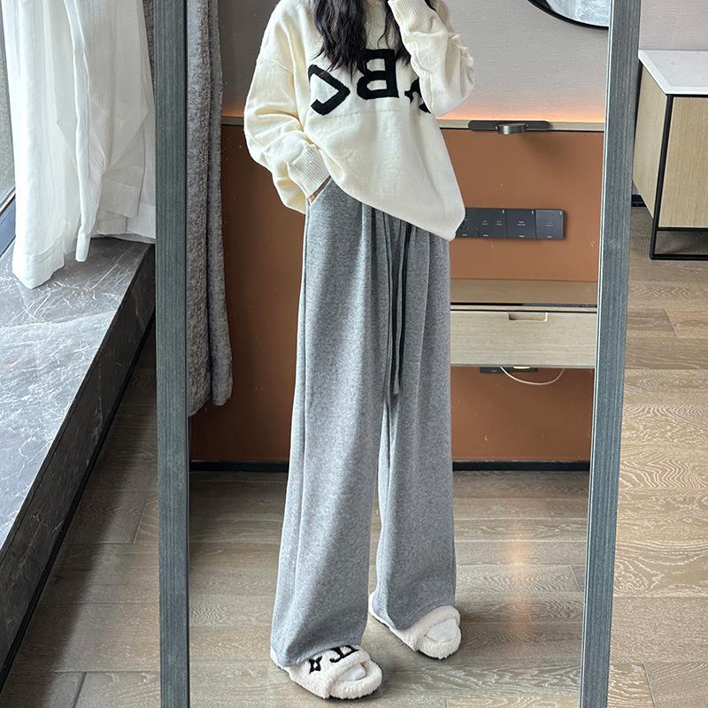 

New Gray Glutinous Rice Pants for Women In Spring and Autumn High Waist Droop Loose Straight Casual Home Lazy Wide-leg Pants S