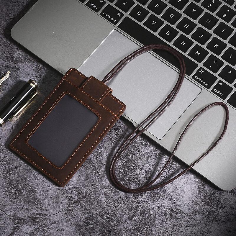 US Retro Crazy Horse Leather ID Card Badge Holder with Lanyard for Mens Multi Card Slots Coffee Cards Cases Office Supplies