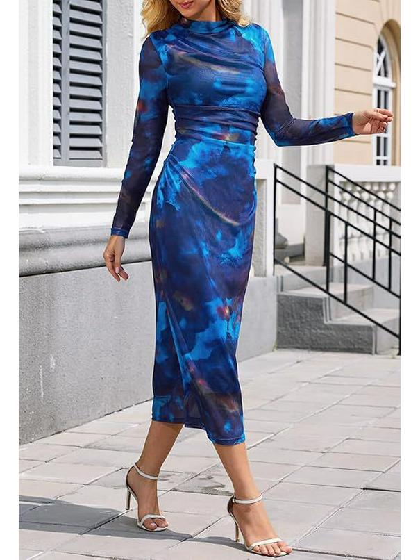 Women's Long-Sleeve Tie-Dye Pleated Cocktail Dress with Stand-Up Collar
