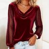 2026 European & American Women's Solid V-neck Mesh Rhinestone Long Sleeve T-shirt