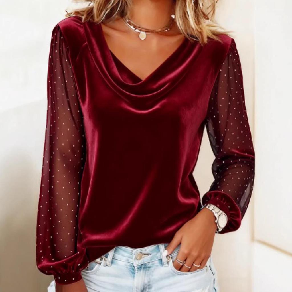 2026 European & American Women's Solid V-neck Mesh Rhinestone Long Sleeve T-shirt