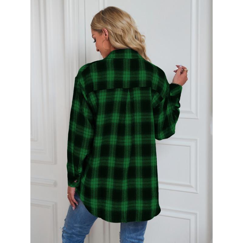 YYFS Women's Fashion Casual Spring Fall Plaid Print Long Sleeve POLO Neck Blouses & Shirts