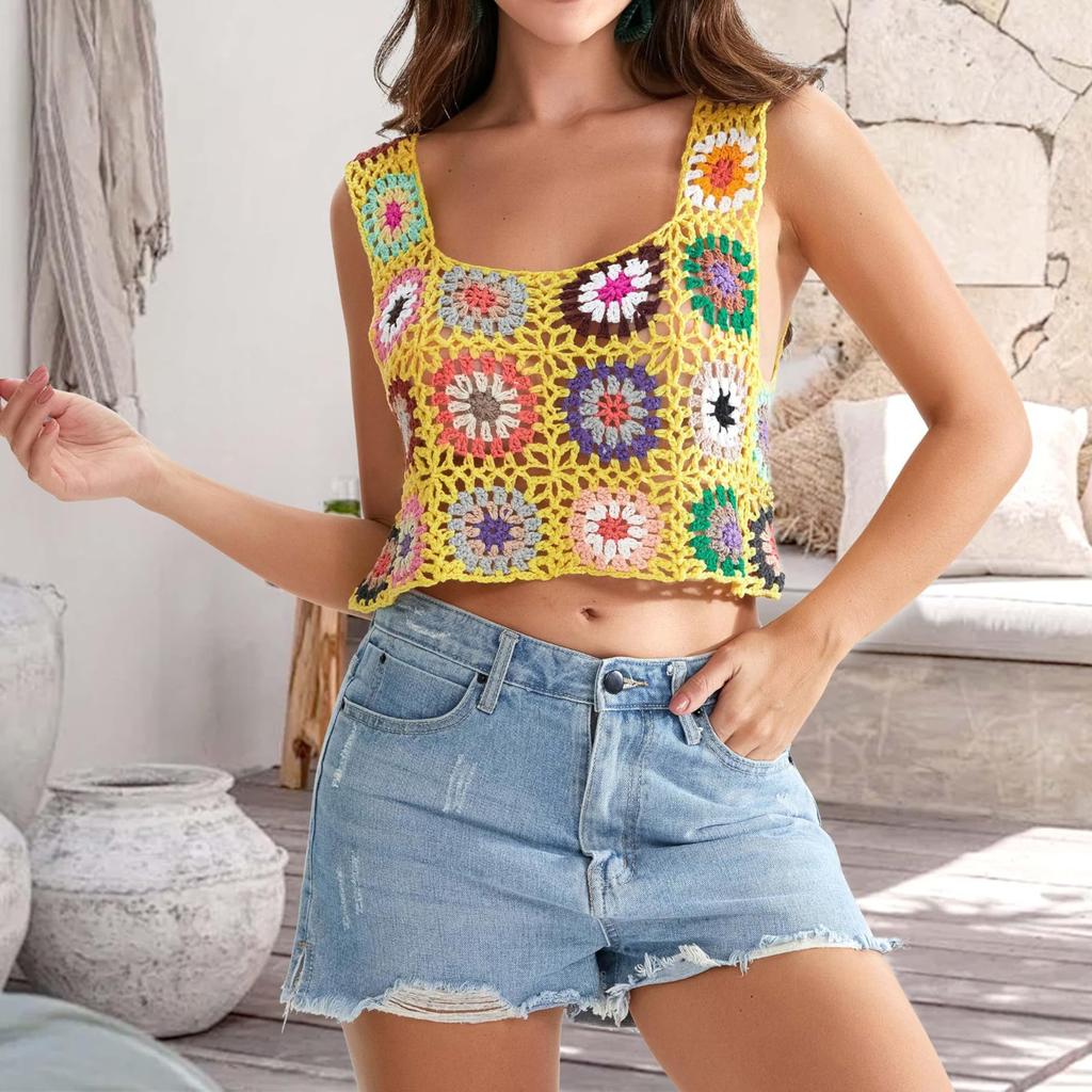 Dámské ruční háčkové vyšívání duté pletené tílko Košilka Dámské krátké plážové prázdniny bez rukávů