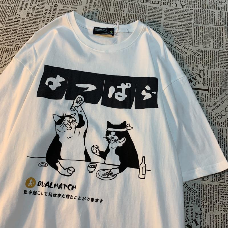Original Japanese Retro Cat Print Pure Cotton Short Sleeved T-shirt For Women's Men's Trendy Street Loose Couple T-shirt