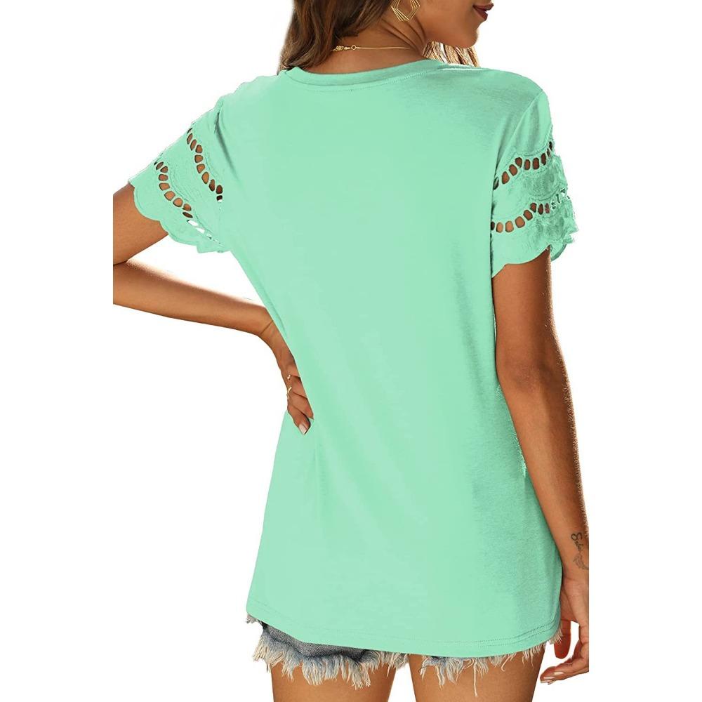 GMXIA Women's Summer Lace Patchwork Short Sleeve T-shirt Crew-neck Top