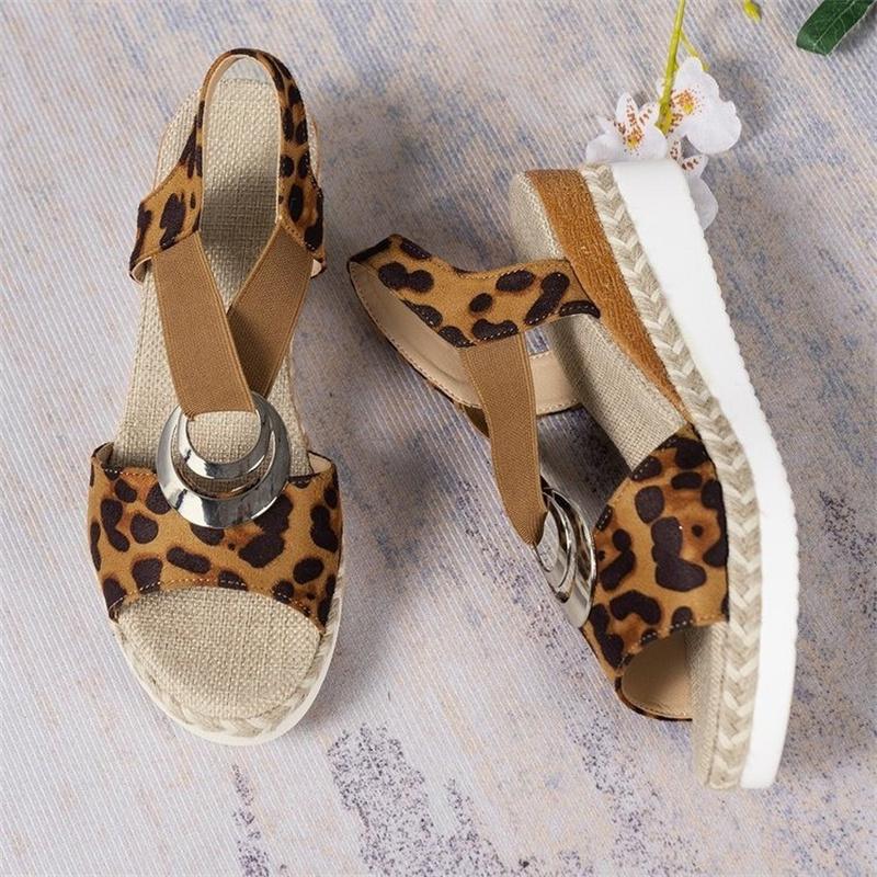 Summer Round Toe Wedge Shoes Fashion Sexy Hollow Comfortable Women's Sandals Leopard Print Fish Mouth Sandália Salto Quadrado