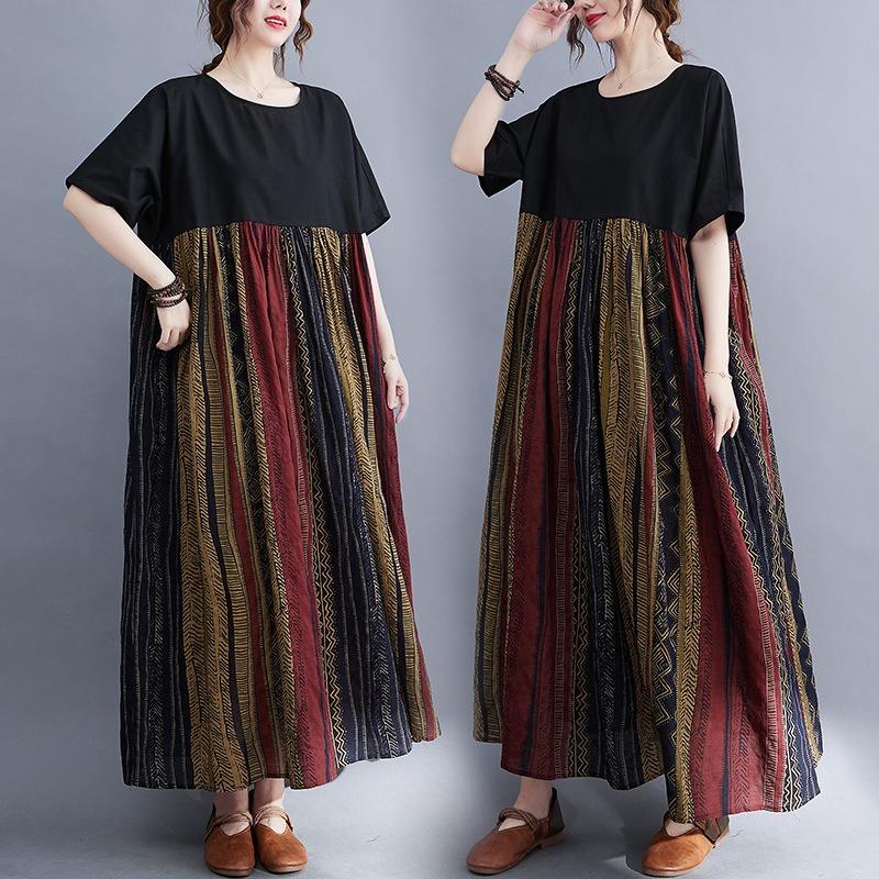 Real shot summer new literary large size loose cotton and linen printing short-sleeved dress women's long dress