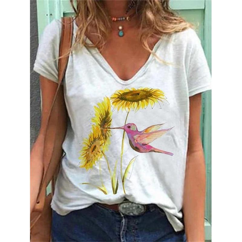 Fashion Spring  Sunflower Print Blouses Short Sleeved V-Neck T Shirts Casual