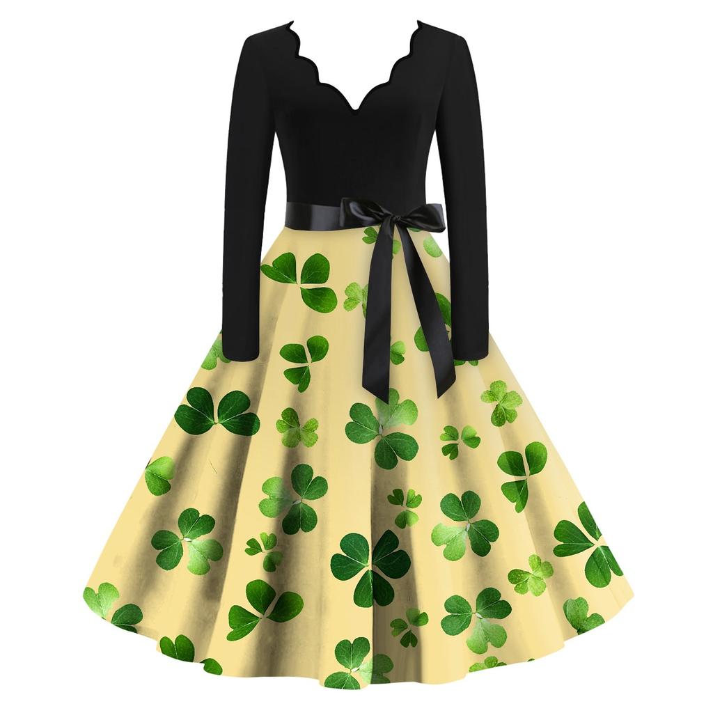 Women's St. Patrick's Day Print V-Neck Slim Fit Long Sleeve Swing Dress