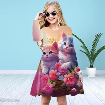 Girl Casual 3D Print Pink Pretty Cat Round Neck Long Sleeve Dress Kid Princess Dress