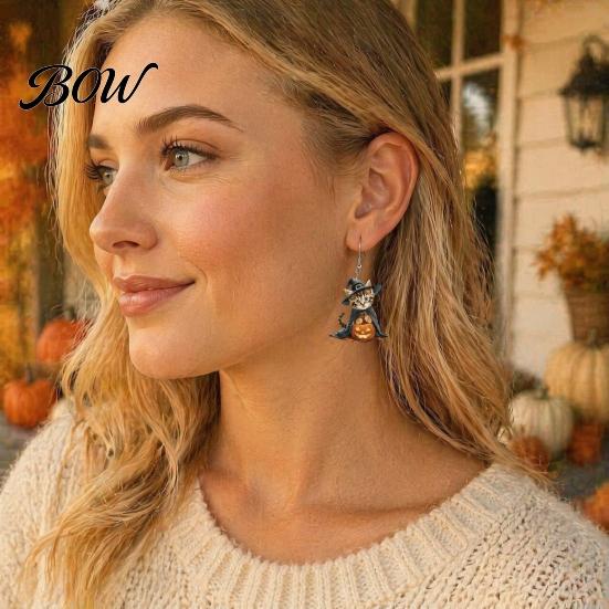 Curved Ear Hooks 1 Pair Halloween Witch Cat Earrings for Women, Acrylic Cute Hang Tag Kitten Dangle Drop with Pumpkin, Party Costume Accessories