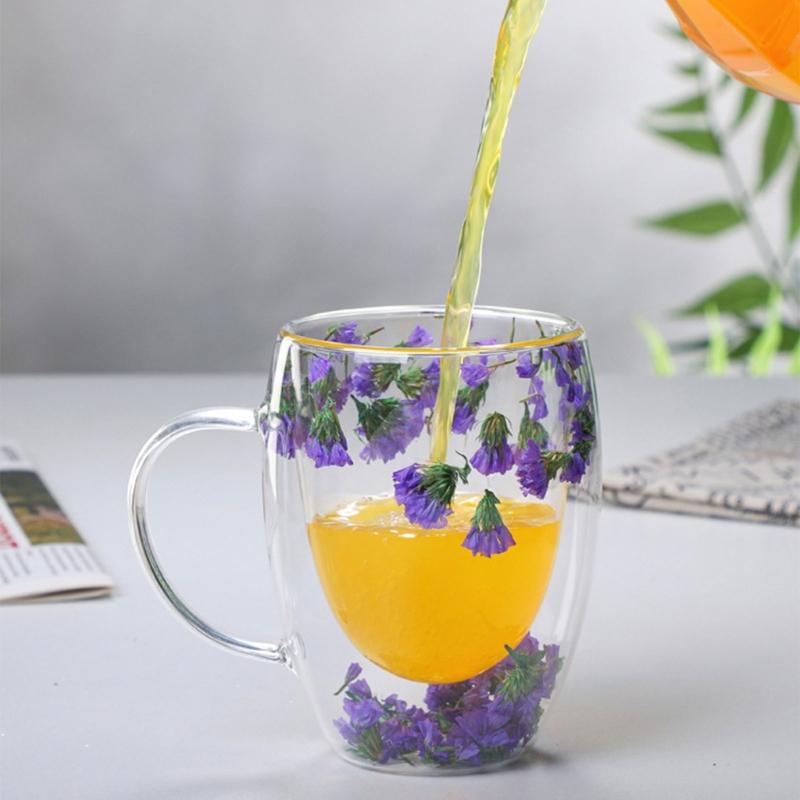 Double-layer Glass Mugs with Dry Flower and Handle for Coffee, Cocktails Elegant Glasses Cup for Entertaining Guest