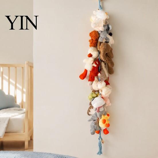 Mini Figure Storage Rack Stuffed Doll Cotton Hanging Chain, Wall Mounted Organizer with Hand Woven Toy Strap Metal Clips, Boho Display for Kids
