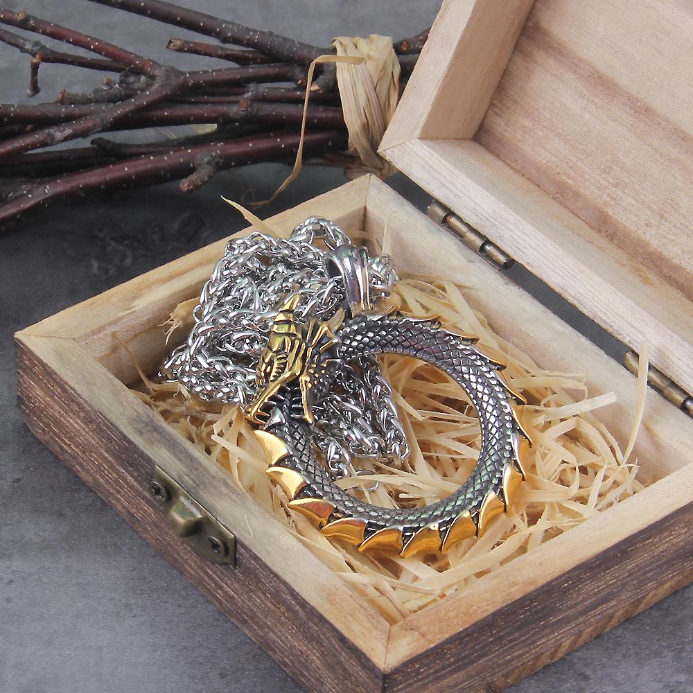 Stainless Steel Viking Ouroboros Dragon Pendant Necklace with Wooden Box Never Fade Mens Jewelry