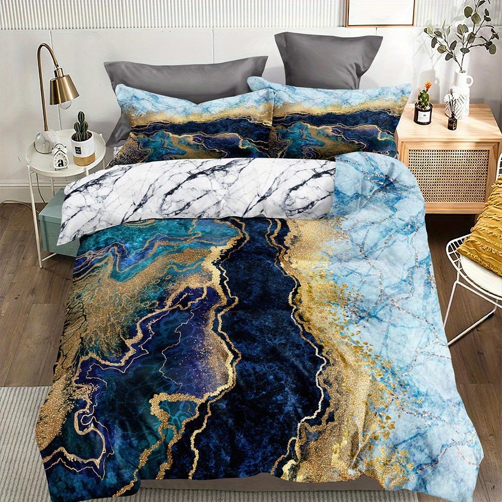 Duvet Cover Set Marble Design Breathable Polyester Zip Closure Machine Washable Includes 1 Duvet Cover And 2 Pillowcases