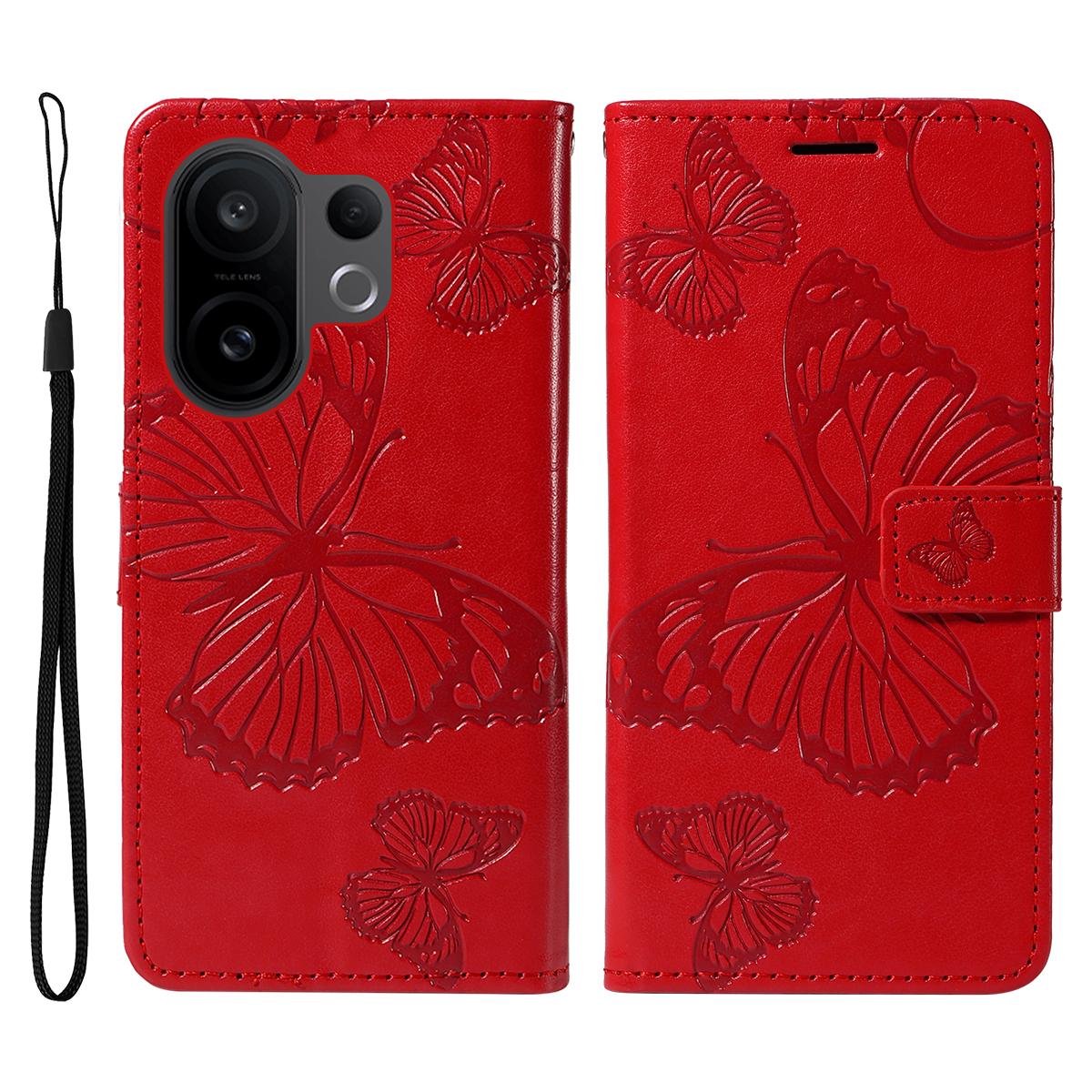 

For vivo S30 Pro mini 5G Wallet Case Floral Butterfly Imprint Leather Phone Cover Stand Red
