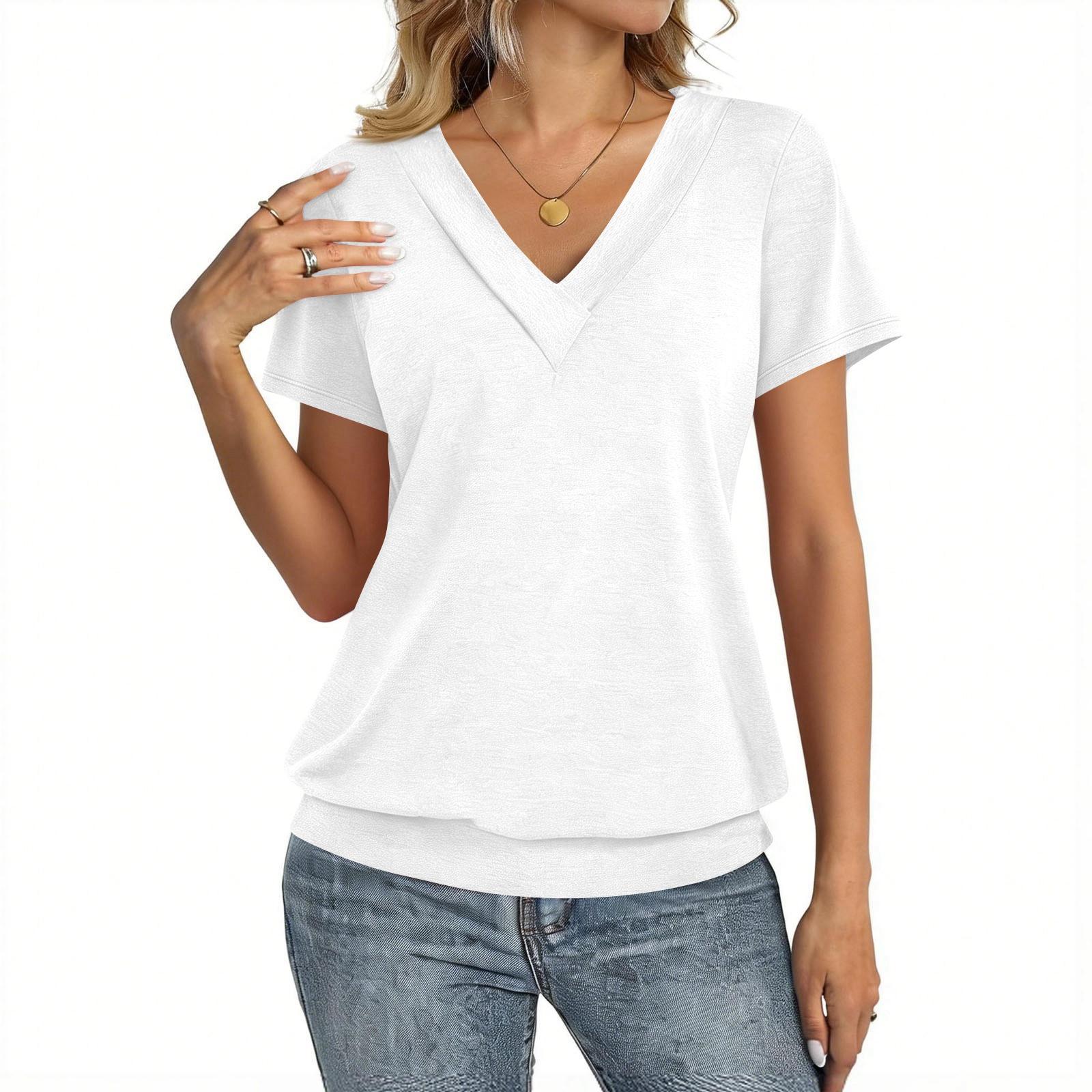 

Women s Fashion Casual V-Neck Short Sleeve Color Shirt Women s Up Tops XL білий
