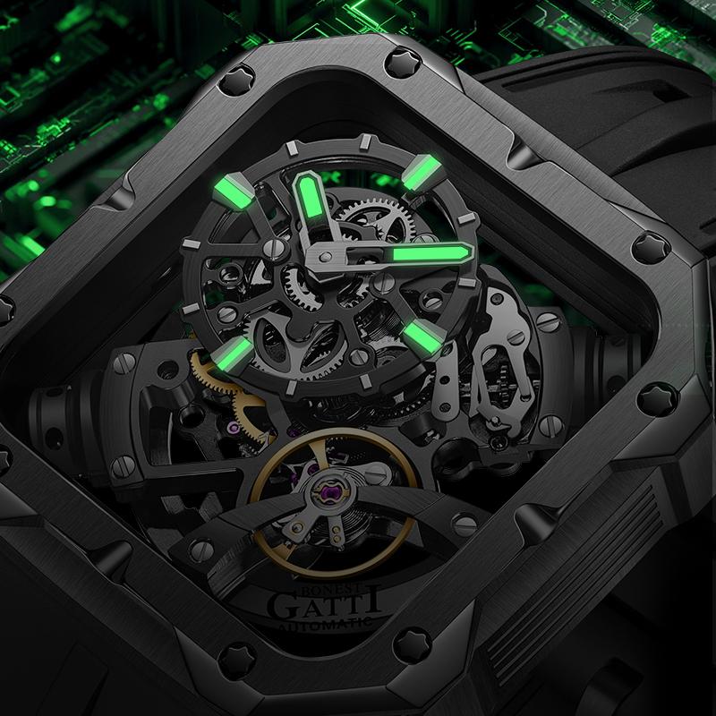 BONEST GATTI Original Skeleton Design Square Mechanical Watch Sapphire Crystal Luminous Rubber Strap Men's High-End Watches