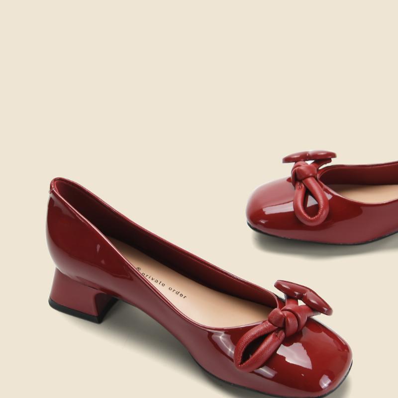 Fashion 2024women's Single Shoes with Heel New Fashion Solid Color PU Surface Flat Heel Women's Shoes Square Head with Heel Single Shoes