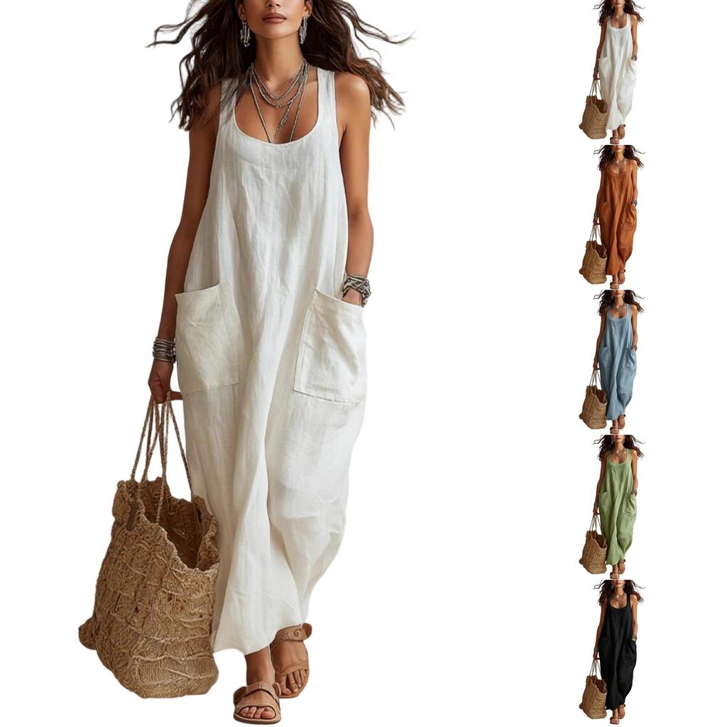 Women Casual Sleeveless Long Dress with Pockets Loose Fit Lightweight Summer Beach Dress Soft Fabric Comfortable Design