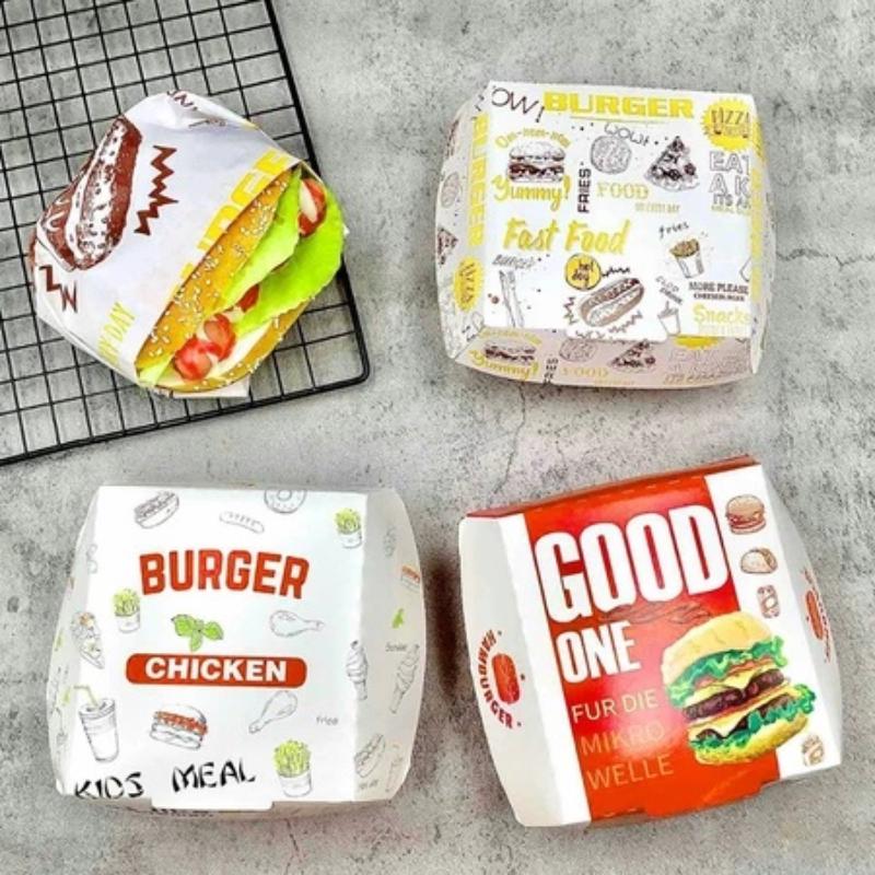 50/100 ks Zesílená a mastnotě odolná krabička na balení burgerů Jednorázová krabička na burger Potravinářské krabičky na rychlé občerstvení s sebou