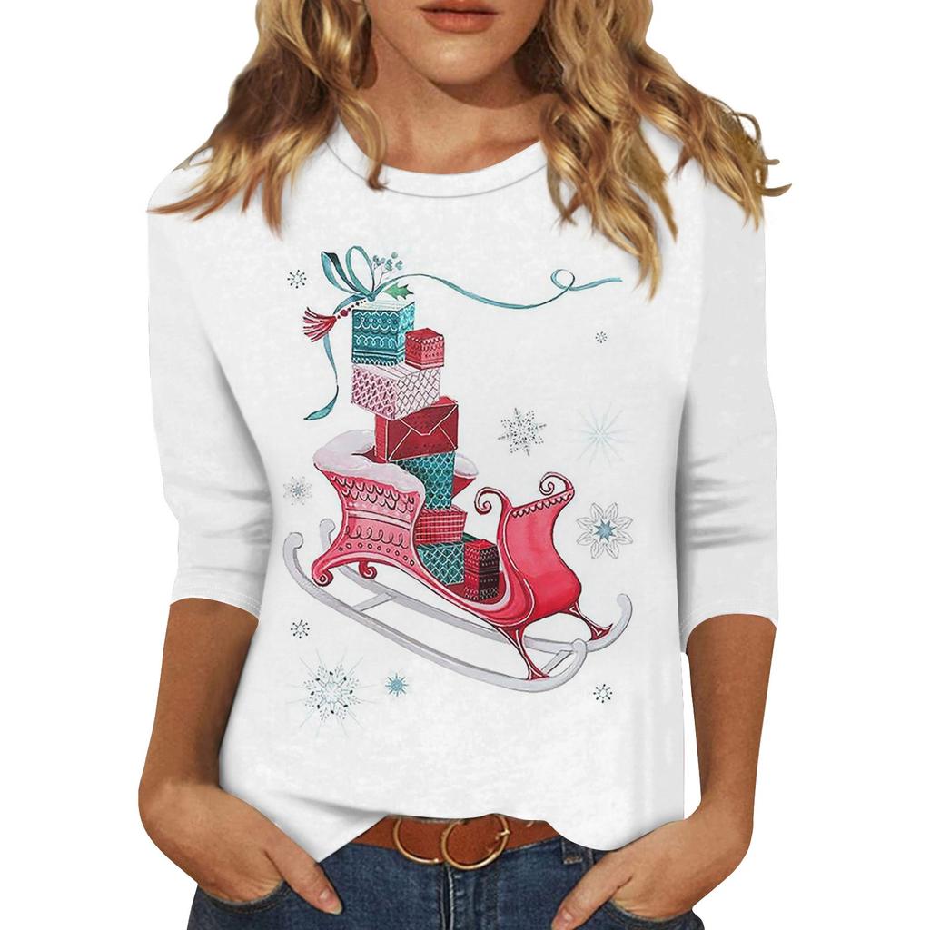 Women's Fashion Casual Seven Sleeve Christmas Printed Round Neck T-Shirt Top