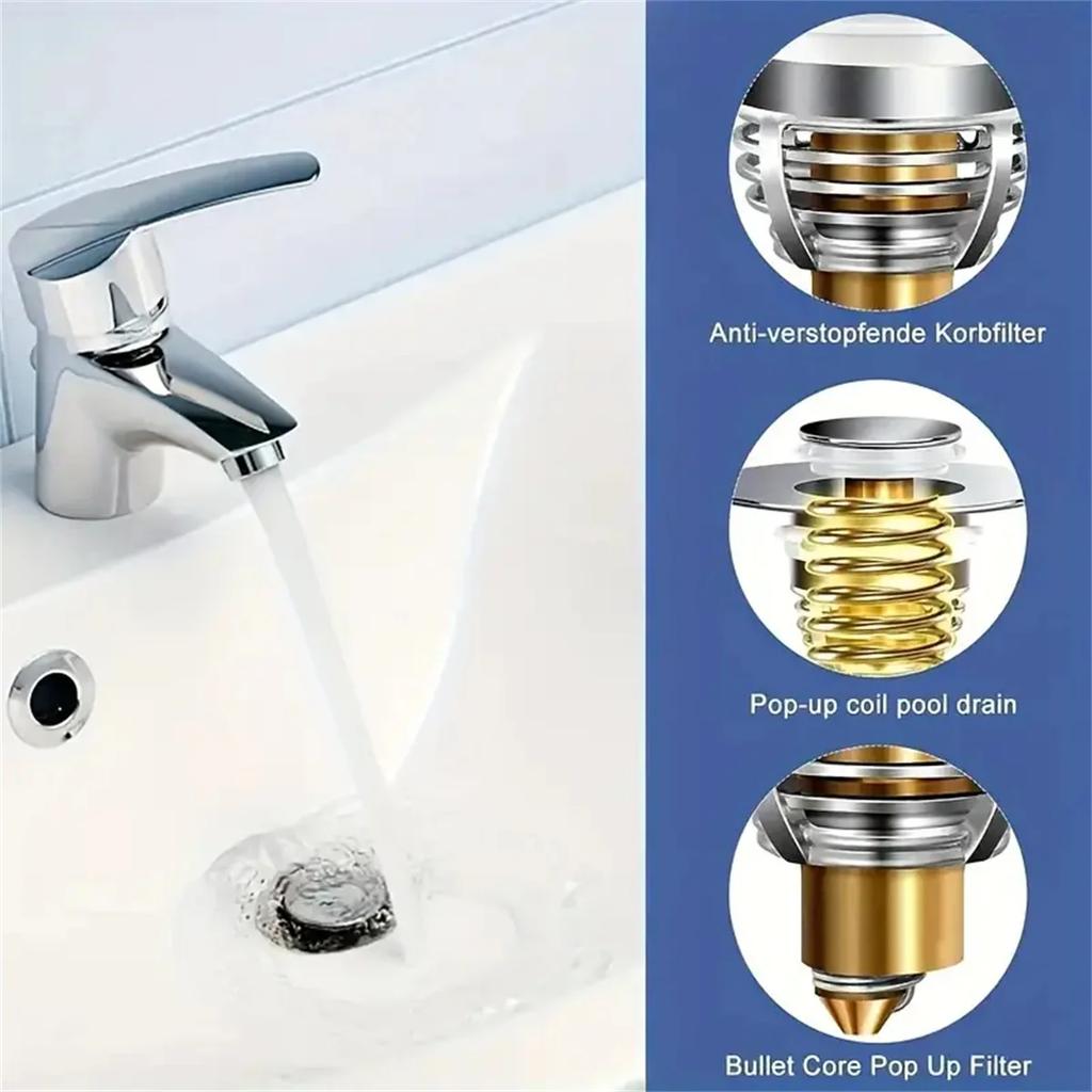 Universal Rebound Drain Plug Filter Basin Pop-up Chrome Sink Filter with Hair Catcher Bathroom Sink Drain Stopper Easy Push Type
