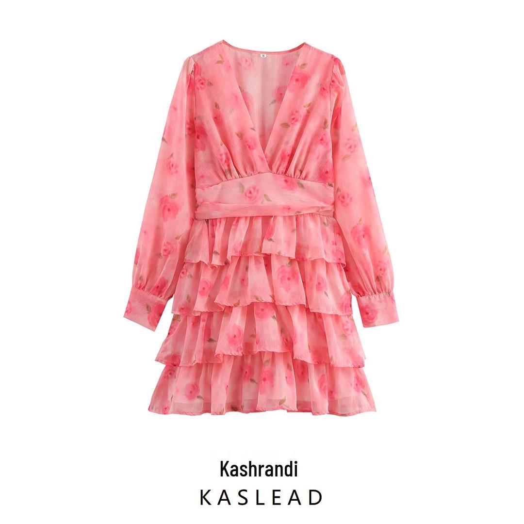 

2025 Spring Women s European & American Style V-neck Layered Cake Dress M
