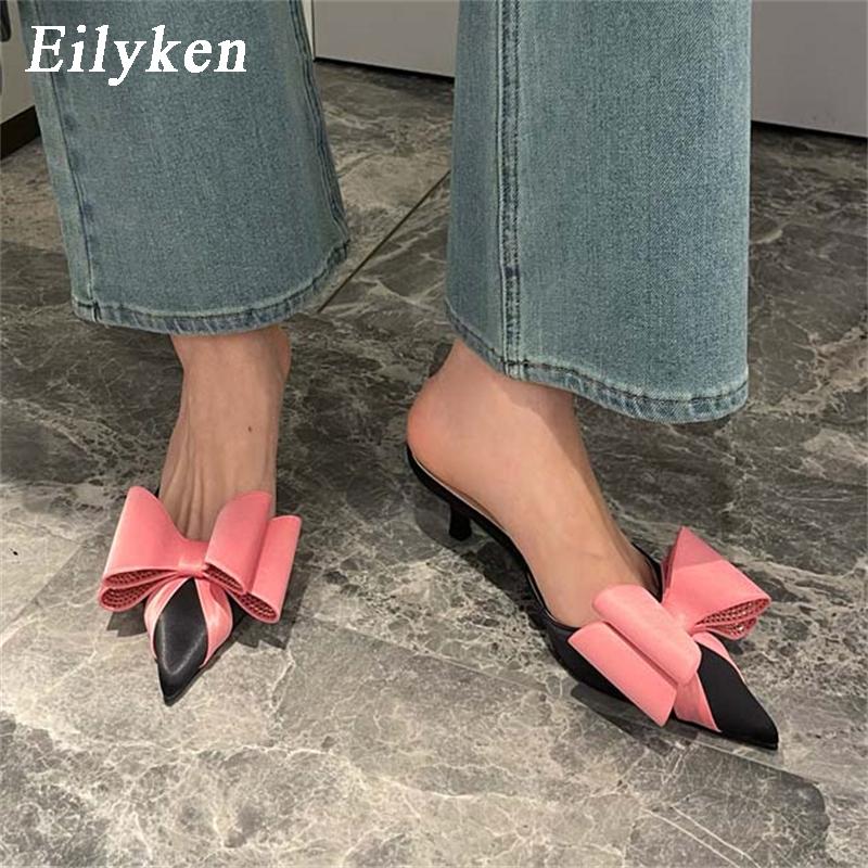 Fashion Eilyken Silk Satin Pointed Toe Women Slipper Fashion Butterfly-knot Shallow Slip On Ladies Mules Low High Slides Shoes