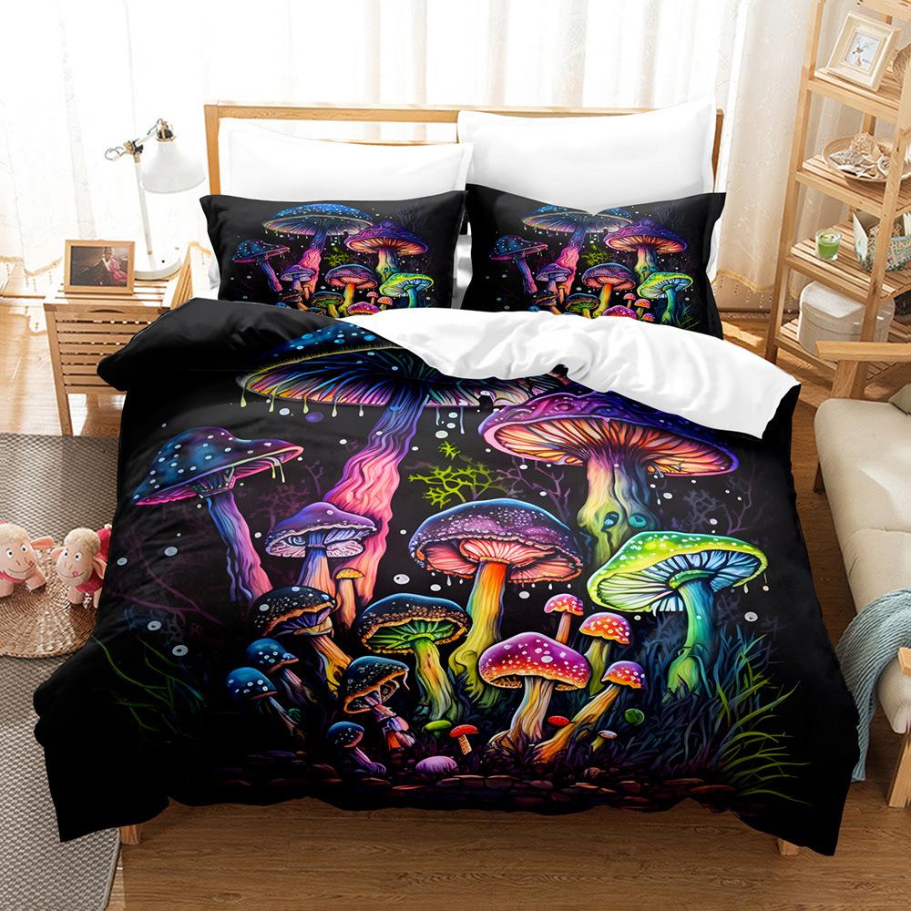 3D Digital Printing Fluorescent Mushroom Series Three-Piece Bedding